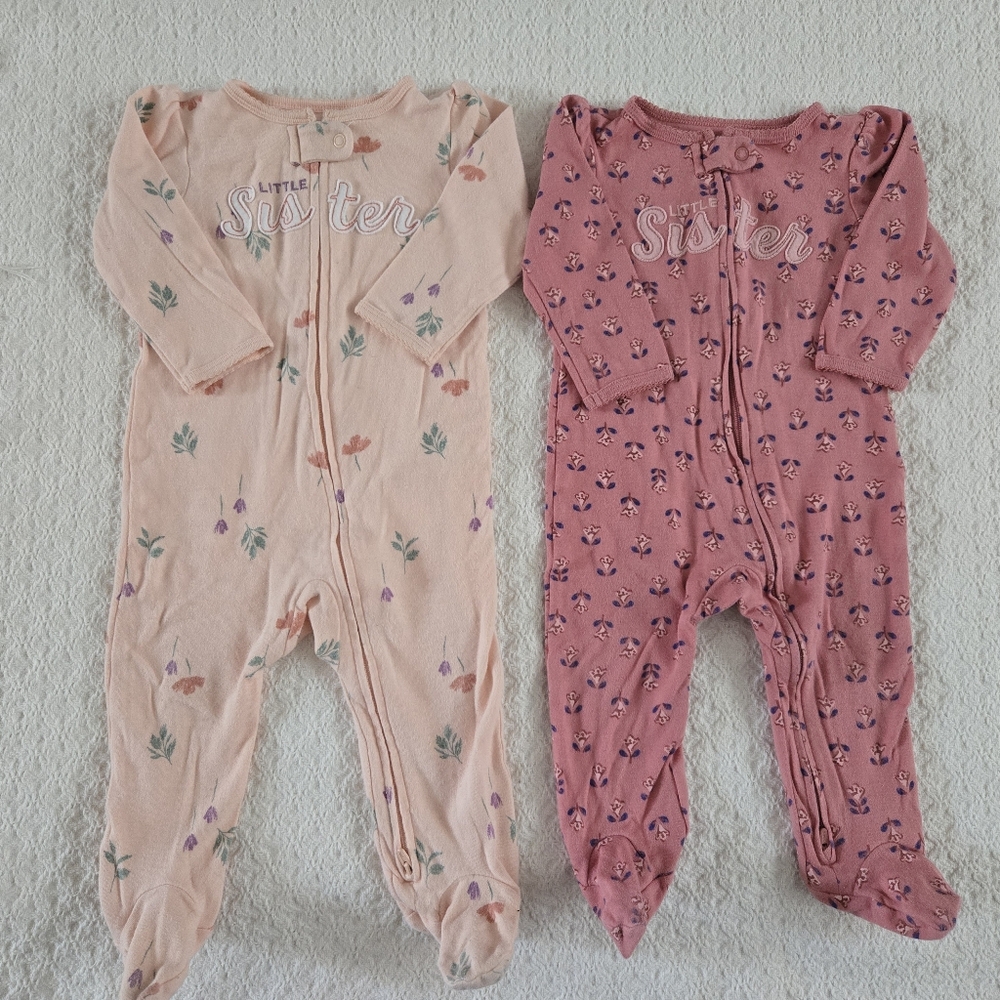 Carters Baby Girl LITTLE SISTER Floral Double Zip Sleeper 9 Months 2 Pack